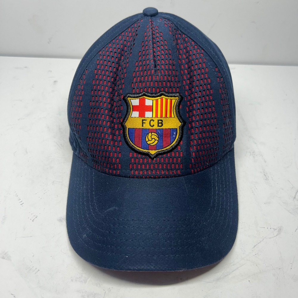 FC Barcelona Soccer Cap Navy Blue Red Mesh Adjustable Hat OSFM Embroidered Logo